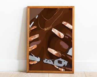 Abstracte kunst zwarte vrouw met sieraden en nagels, monochromatische kunst, Afro-kunst, digitale print van hoge kwaliteit