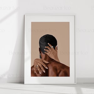 Interracial Paar Kunst, Schwarze Kunst, Schwarzer Mann und weiße Frau umarmen sich, individuelle Farbe, gerahmtes Poster