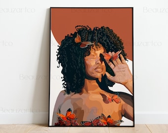 BUTTERFLIES | Black Woman With Afro Hair Wall Art, Black Art Prints, Black Girl Wall Art, Black People Wall Art, Afro Art, Black Owned Shops