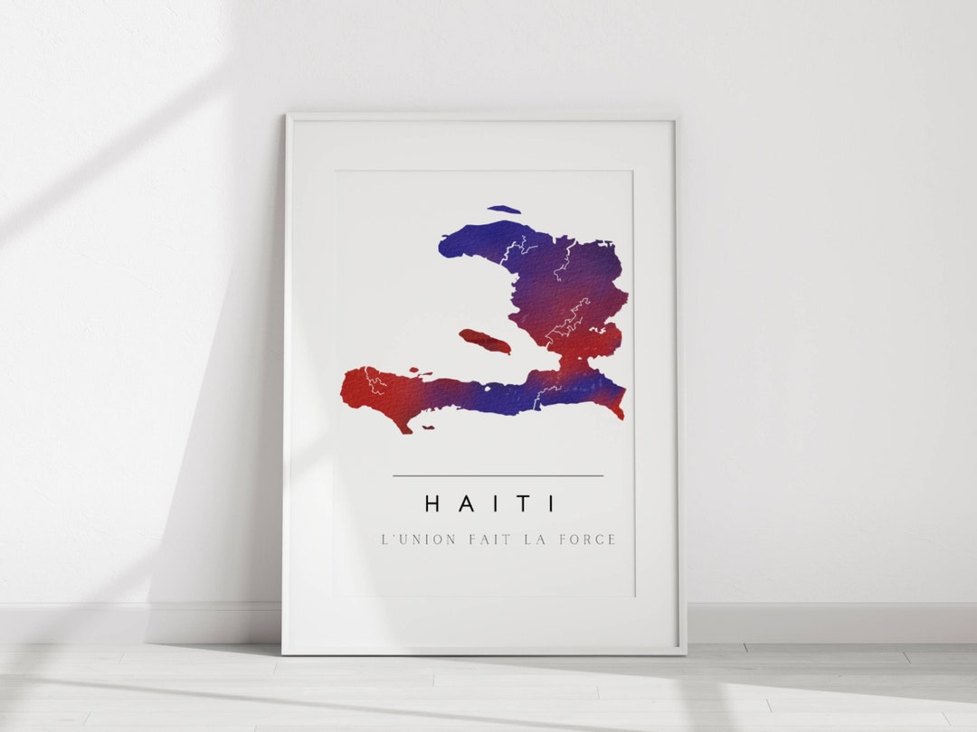 Printable Haitian Map in Blue and Red, Haiti Art, Watercolor Haitian