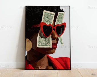 Impresiones de arte negro | Boss Lady Art, Chica con arte en efectivo, Arte del dinero, Impresión feminista, Arte minimalista de la pared, Arte de la pared del dinero, Tiendas de propiedad negra
