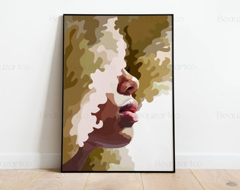 Porträt einer schwarzen Frau mit goldenem Afro-Haar, Modekunst, schwarze Kulturkunst, afroamerikanische Kunst, abstrakte afrikanische Kunst, digitale Kunst