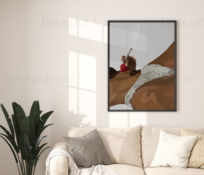 May include: A digital illustration of a person's torso, wearing white lingerie, holding a smoking pipe. The background is a light gray.