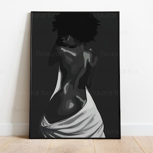 May include: Black and white illustration of a person with a short afro, standing with their back to the viewer, wearing a white cloth draped around their body.
