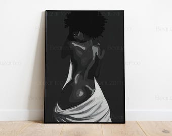 Afro naakt zwarte vrouw kunst, Afrikaanse kunst, zwart-witte kunst, zwarte cultuur kunst, Afro-Amerikaanse kunst, Afrikaanse vrouw, digitale kunst