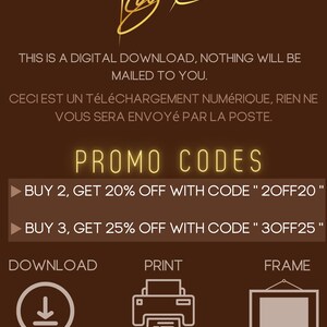 May include: Digital download advertisement on a brown background with gold text and graphics. The text includes "Promo Codes" and discount offers. Icons for download, print, and frame are also present.