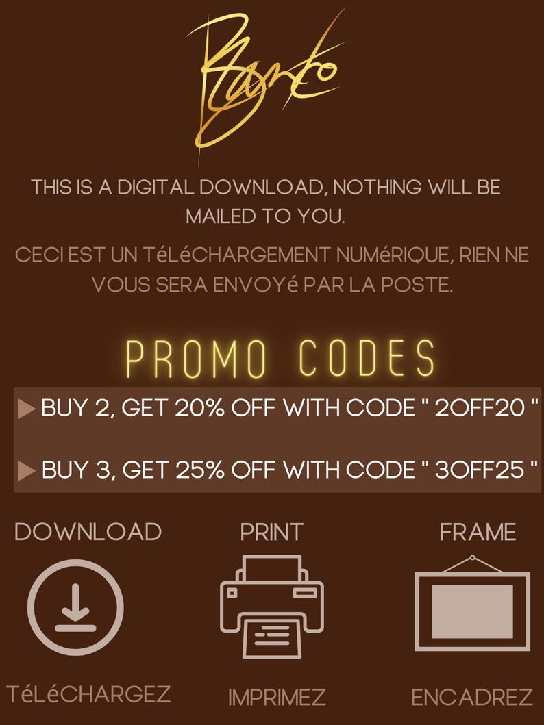 May include: Digital download advertisement on a brown background with gold text and graphics. The text includes "Promo Codes" and discount offers. Icons for download, print, and frame are also present.