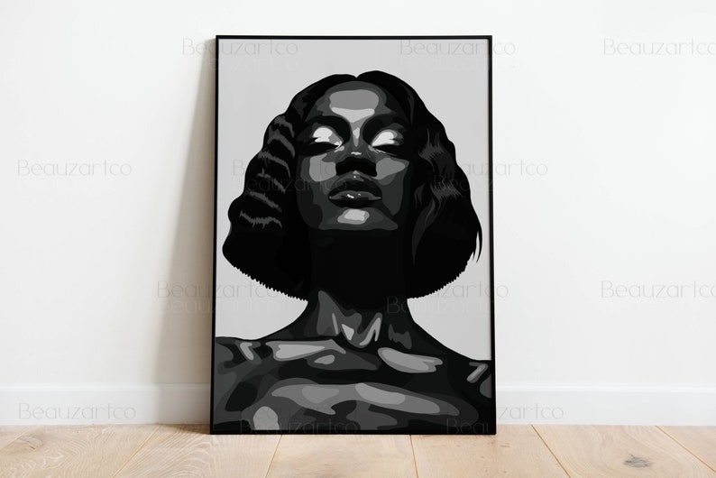 May include: Black and white illustration of a woman's face with her eyes closed. The woman has short, curly hair and is looking upwards. The background is a light gray.