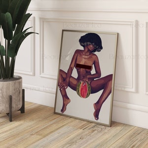 May include: A digital illustration of a woman with dark skin and short, dark hair sitting with a watermelon in her lap. The woman is nude, with a black bar covering her chest. The background is white.