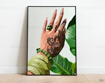 Green Aesthetic Wall Art | Black Art Prints, Girl With Plant Art, Nails Wall Art, Feminist Print, Minimalist Wall Art, Black Owned Shops