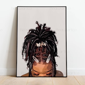 May include: A digital illustration of a person with long, dark brown dreadlocks styled in a high ponytail. The person is wearing white hair clips and has a light brown complexion.