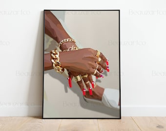 Printable Black Woman Art With Red Nails And Gold Jewelries, Black Art Prints, Black Girl Arts, Fashion Art, High Quality Afro Art
