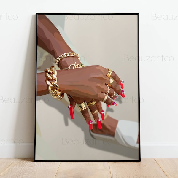 Art Abstrait Femme Noire Avec Bijoux Et Ongles Rouges, Art Afro, Impression Numérique