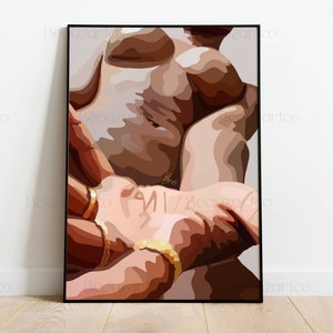 Pu&ograve; includere: Dipinto astratto di due figure in un abbraccio stretto. Le figure sono rappresentate in tonalit&agrave; di marrone e beige, con accenti dorati. Il dipinto ha un'atmosfera sensuale e intima.