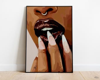 Women With Dark Glossy Lips, Lipstick Wall Art, Black Girl Art, Black Art Prints, Black Art, Black Owned Shops Art