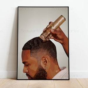 Druckbare Wandkunst für schwarze Männer, Wandkunst mit Haarschnitt, schwarze Kunstdrucke, schwarze Kunst, Kunst der schwarzen Kultur, afroamerikanische Wandkunst, Geschäfte in Schwarzbesitz