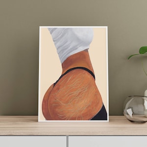May include: A framed illustration of a person's torso and hips, with a white shirt and black underwear. The skin is depicted with detailed lines and a warm brown tone.