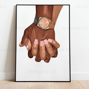 May include: A digital illustration of two hands holding each other. The hand on the left is wearing a gold watch with a white face.