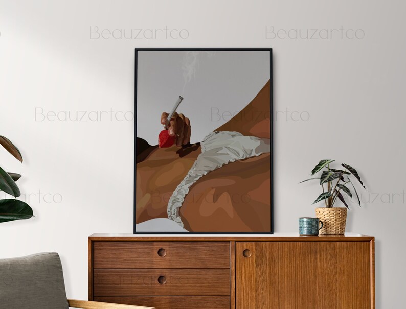 May include: A digital illustration of a person holding a lit joint, wearing white lingerie and lying on a light gray background.