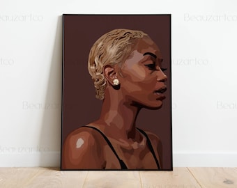 Retrato mujer negra con cabello rubio, arte de moda, arte de la cultura negra, arte afroamericano, arte africano abstracto, arte digital