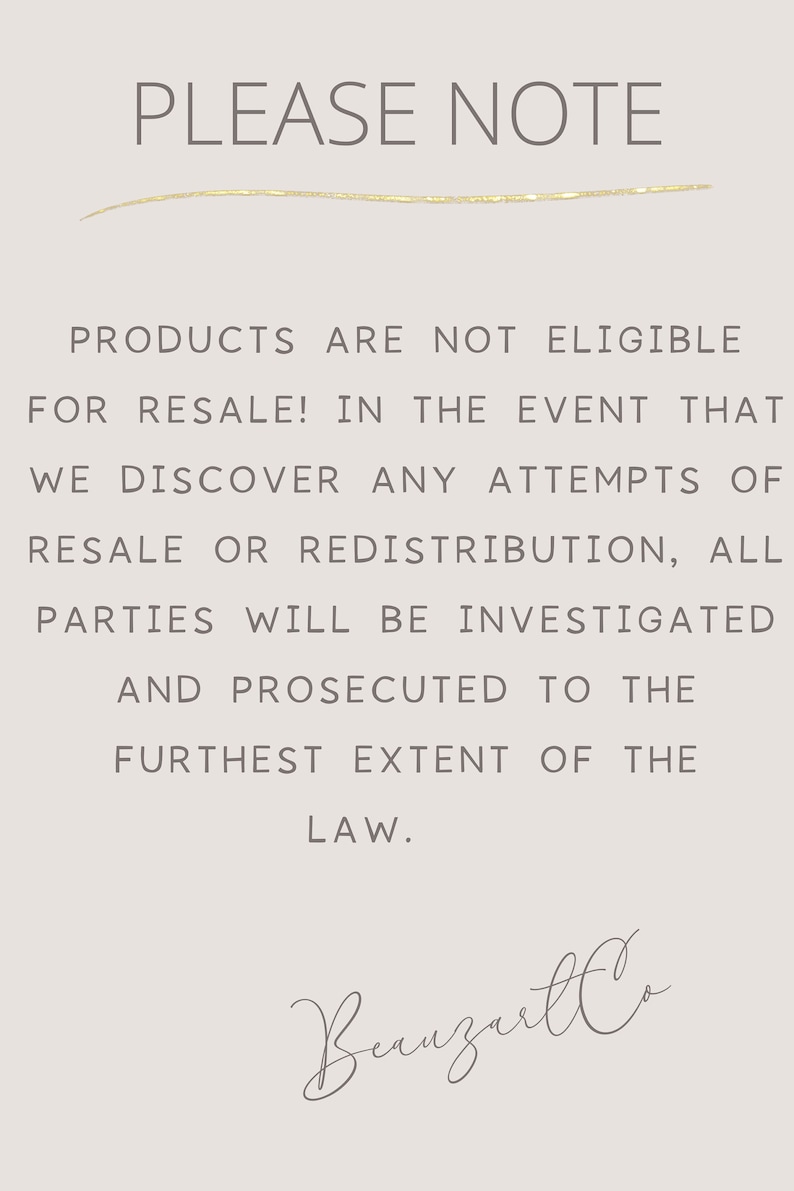 May include: A beige background with the text "PLEASE NOTE" in gray. Below, the text states products are not eligible for resale and will be investigated. The image includes a gold line and a signature.