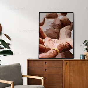 Pu&ograve; includere: Dipinto astratto di due figure in un abbraccio stretto, con un focus sulle mani e le braccia. Il dipinto &egrave; realizzato in uno stile che ricorda il cubismo, con colori vivaci e forme geometriche.