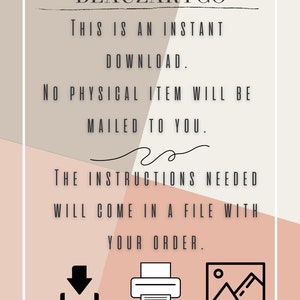 Puede incluir: Una hoja de instrucciones de descarga digital con fondo rosa y beige. El texto dice "BEAUZARTCO ESTA ES UNA DESCARGA INSTANT&Aacute;NEA. NO SE ENVIAR&Aacute; NING&Uacute;N ART&Iacute;CULO F&Iacute;SICO. LAS INSTRUCCIONES NECESARIAS SE INCLUIR&Aacute;N EN UN ARCHIVO CON TU PEDIDO. 1. DESCARGAR 2. IMPRIMIR 3. ENMARCAR".