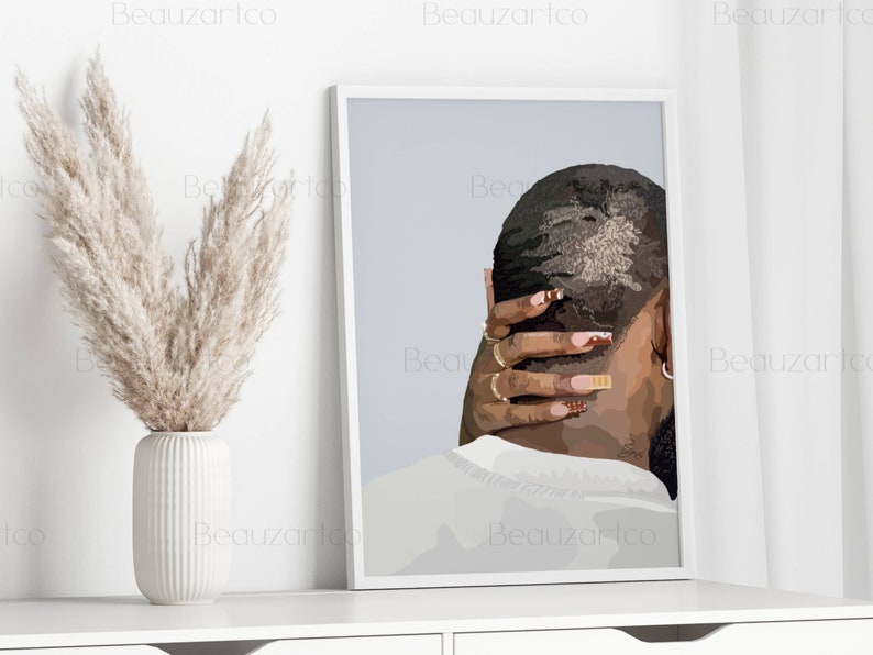 May include: A framed illustration of a person's back with a short haircut. The person is wearing a white shirt and has their hand on the back of their neck. The background is a light blue color.