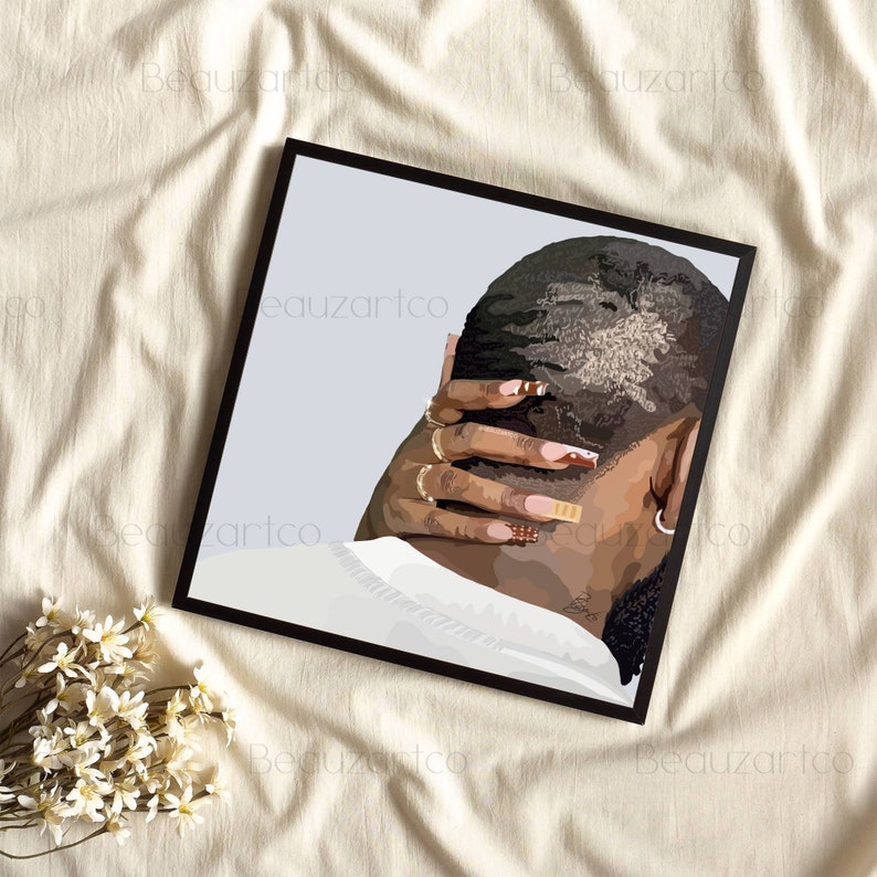 May include: A black and white illustration of a person with their head tilted back, their hand resting on their neck. The person has short, dark hair and is wearing a white shirt. The hand has long, painted nails with a variety of colors and designs.