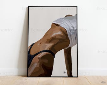 Afro-kunst: zwarte vrouw naakt met string, sensuele vrouwenkunst, zwarte cultuurkunst, Afro-Amerikaanse kunst, abstracte Afrikaanse kunst, digitale kunst