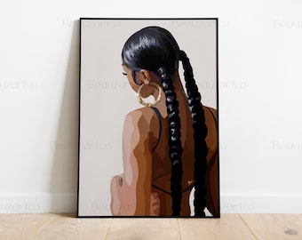 May include: Framed art print featuring a stylized illustration of a person with dark skin, long black braids, and gold hoop earrings. The artwork is set against a neutral background, with a black frame.