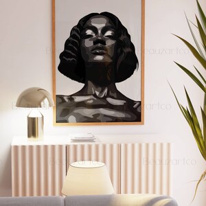 May include: A black and white digital illustration of a woman with her eyes closed and head tilted back. The woman has short, curly hair and is depicted with a light background.