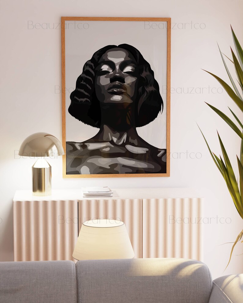 May include: A black and white digital illustration of a woman with her eyes closed and head tilted back. The woman has short, curly hair and is depicted with a light background.