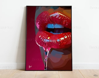 Women With Wet Glossy Lips, Woman Lips Art, Lipstick Wall Art, Hot Pink Wall Art, Black Art Prints, Feminine Art, Black Owned Shops Art