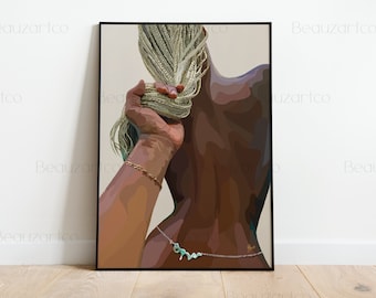 May include: A digital illustration of a person with long blonde braids being held by another person's hand. The person with the braids is wearing a silver chain with a turquoise pendant.
