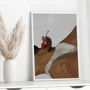 May include: A digital illustration of a person smoking a pipe with a red apple on the end. The person is wearing white lingerie and is lying on a gray background.