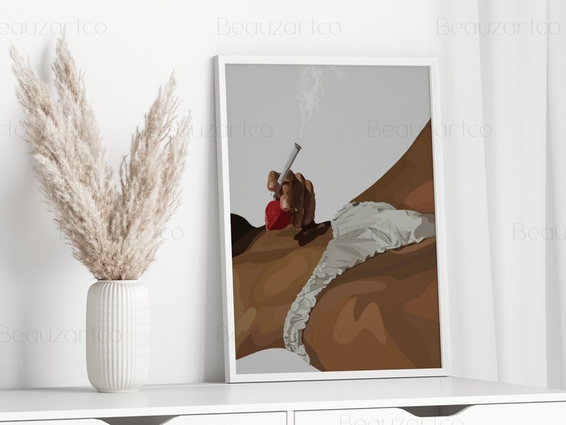 May include: A digital illustration of a person smoking a pipe with a red apple on the end. The person is wearing white lingerie and is lying on a gray background.