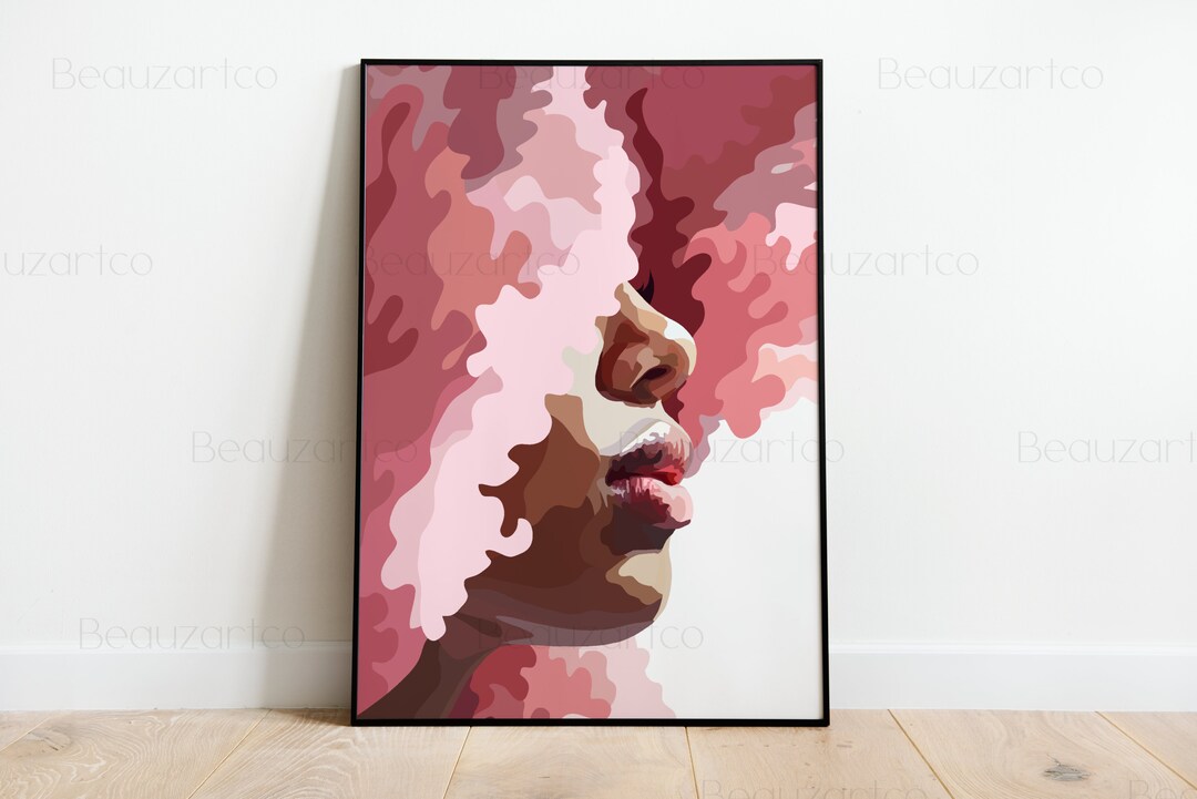 Black Art Prints Black Woman Portrait With Pink Afro Hair Wall Art