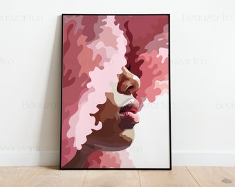 Black Art Prints | Black Woman Portrait With Pink Afro Hair Wall Art, Black Girl Wall Art, Black People Wall Art, Black Owned Shops