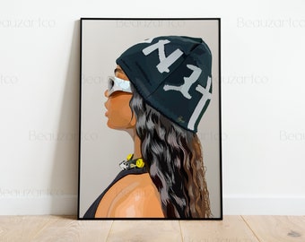 Black Woman Portrait With Beannie, Black Art Prints, Black People Art, Black Girl Art, African American Wall Art, Black Owned Shops