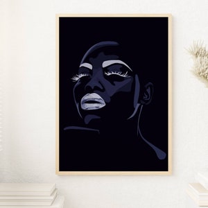 May include: A digital illustration of a woman's face in a dark blue and white color scheme. The woman's eyes are closed and her lips are painted white. The background is black.