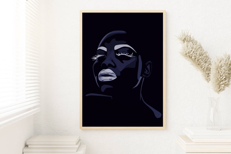 May include: A digital illustration of a woman's face in a dark blue and white color scheme. The woman's eyes are closed and her lips are painted white. The background is black.