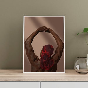 Puede incluir: Una ilustraci&oacute;n digital de una persona de piel oscura, con un pa&ntilde;uelo rojo en la cabeza, con los brazos levantados por encima de la cabeza.