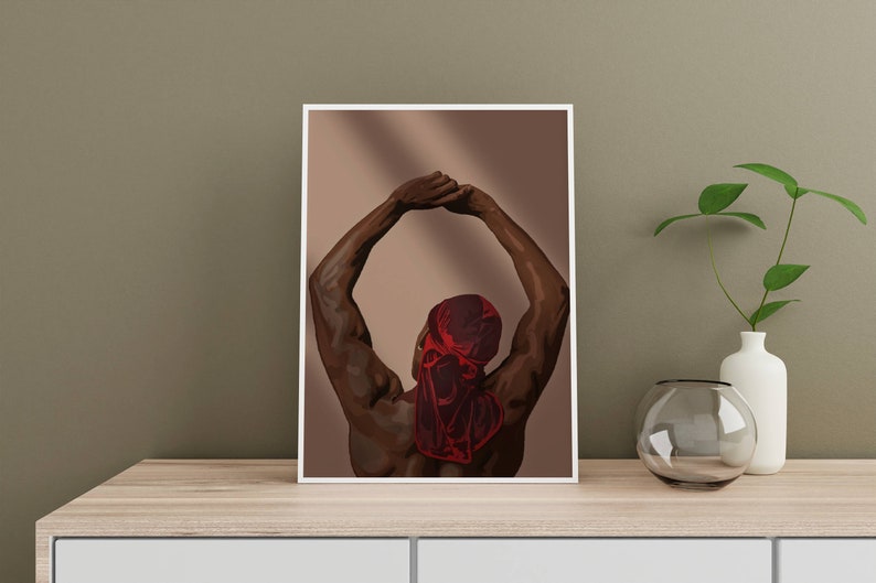 Puede incluir: Una ilustraci&oacute;n digital de una persona de piel oscura, con un pa&ntilde;uelo rojo en la cabeza, con los brazos levantados por encima de la cabeza.