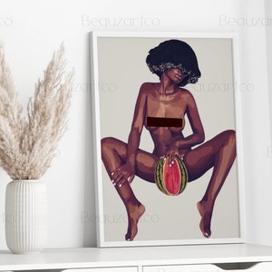 May include: A digital illustration of a woman with dark skin and a large afro hairstyle sitting with her legs spread and holding a watermelon in front of her.