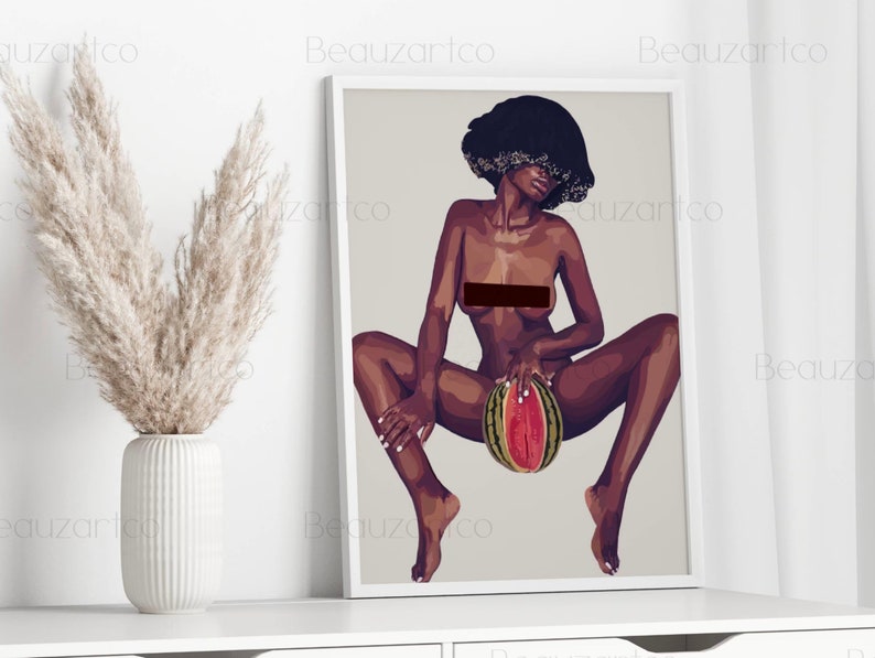 May include: A digital illustration of a woman with dark skin and a large afro hairstyle sitting with her legs spread and holding a watermelon in front of her.