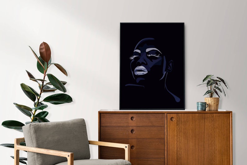 May include: A black and white digital art print of a woman's face with her eyes closed. The background is black.