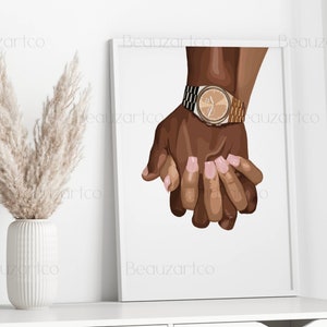 May include: A digital illustration of two hands holding each other. The hand on the left is wearing a gold watch with a brown face.