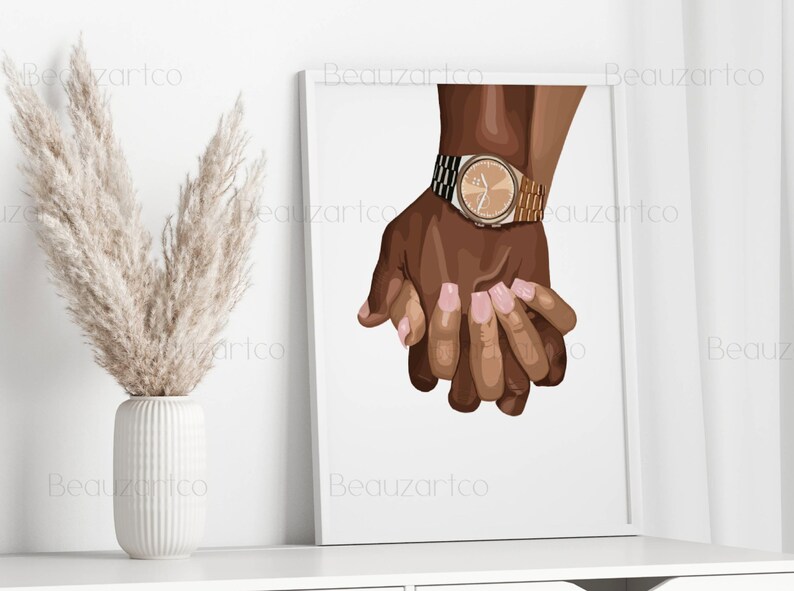 May include: A digital illustration of two hands holding each other. The hand on the left is wearing a gold watch with a brown face.