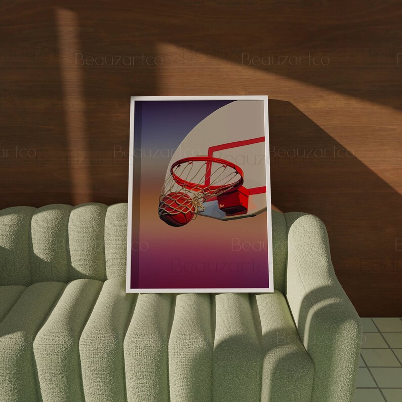 May include: A basketball going through a hoop with a red rim and a white backboard. The background is a gradient of purple, pink, and orange.